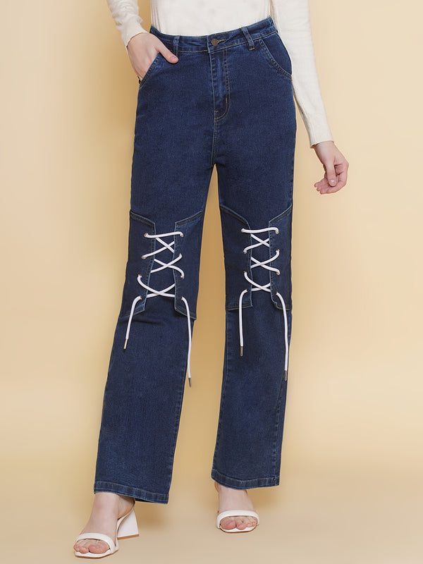 Blue High Waist Tie - Up Detail Jeans
