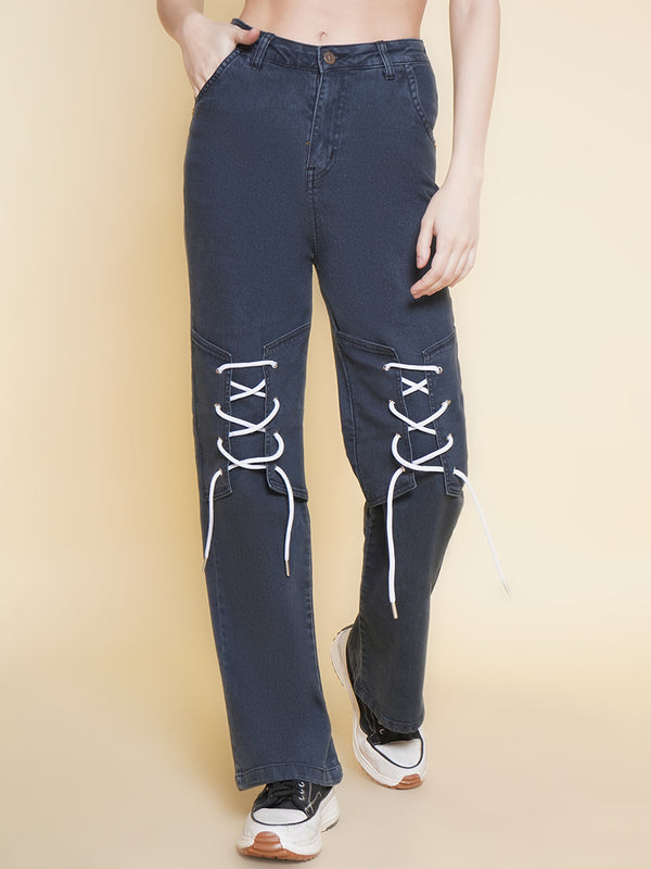 Grey High Waist Tie - Up Detail Jeans