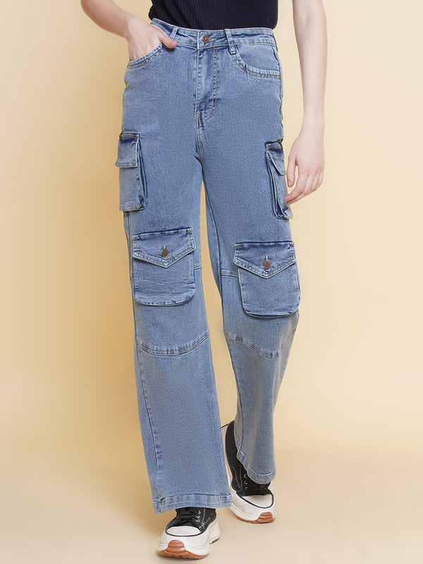 Blue High Waist Multi Pockets Cargo Jeans