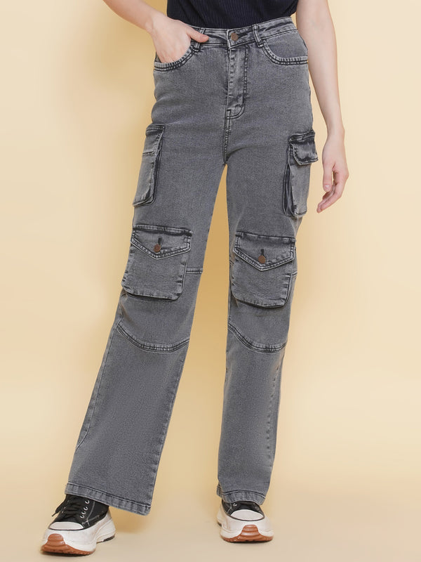 Grey High Waist Multi Pockets Cargo Jeans