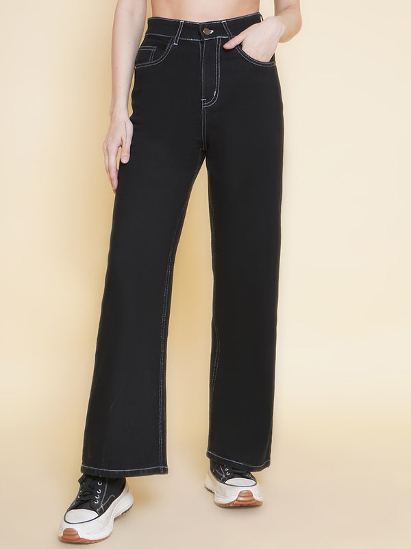 Black High Waist  Contrast Straight Fit  Jeans