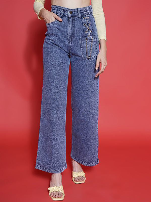 Front Chain Detail Straight Jeans