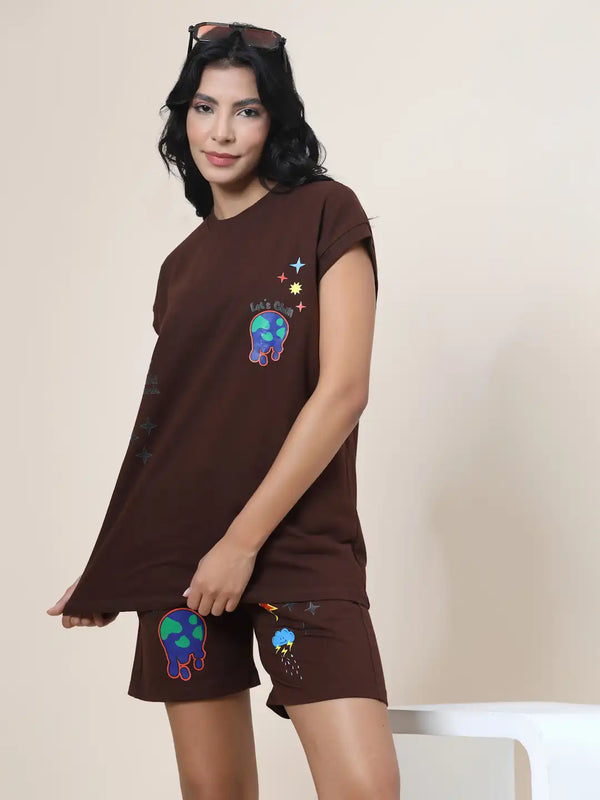 Vestido Modas Women Brown Printed Sleeveless Terry T-Shirts With Terry Printed Shorts