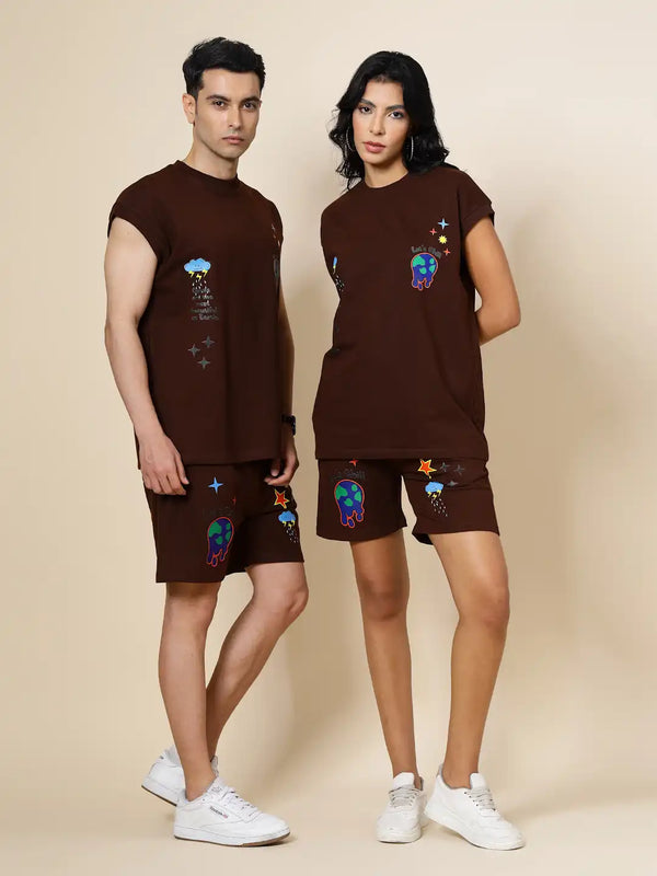 Vestido Modas Unisex Brown Printed Sleeveless Terry T-Shirts With Terry Printed Shorts