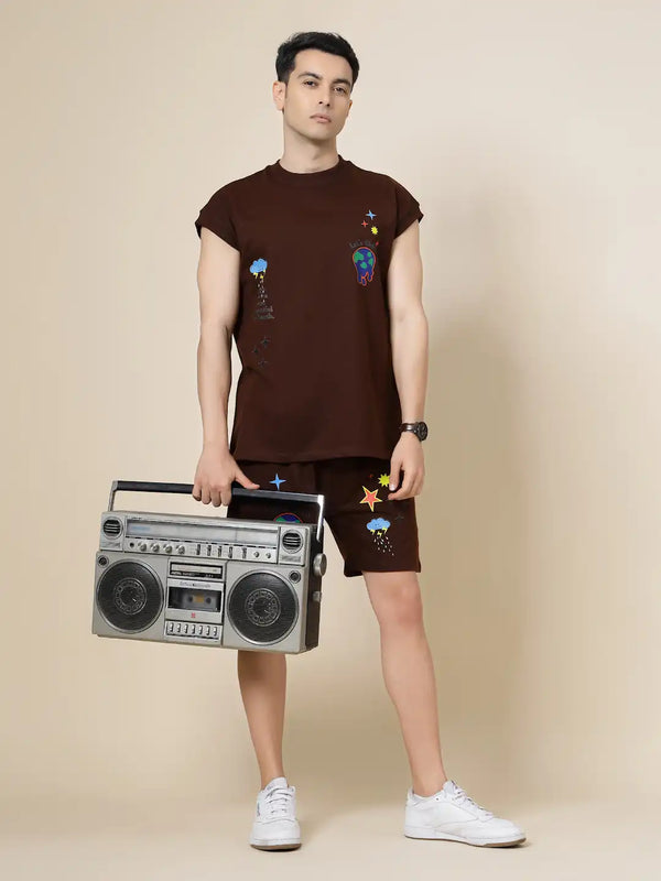 Vestido Modas Men Brown Printed Sleeveless Terry T-Shirts With Terry Printed Shorts