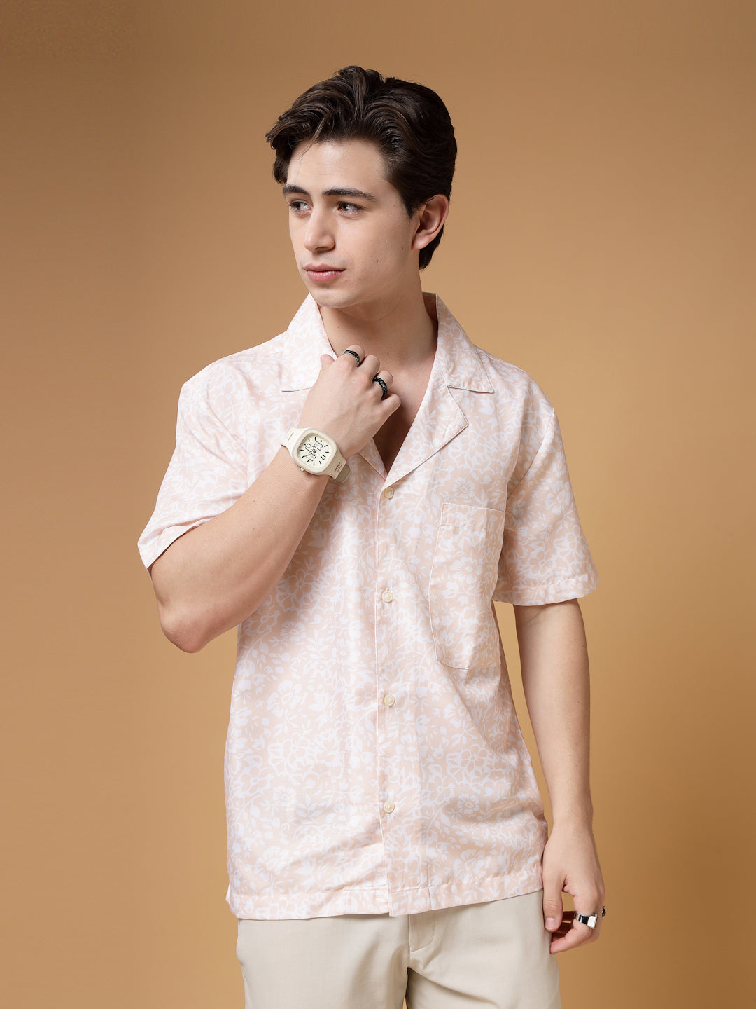Beige Floral Print Oversized Unisex Shirt
