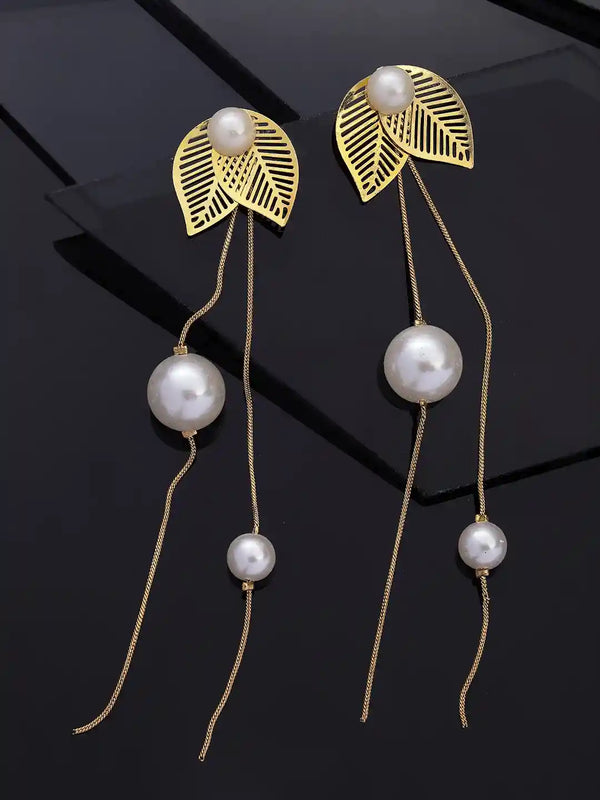 Vestido Modas Gold-Plated Contemporary Leaf Deign Studded Drop Earrings