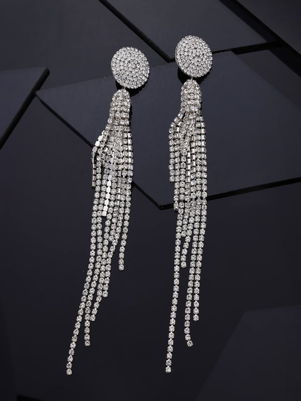 Vestido Modas Silver Plated Rhinestone Contemporary Drop Earrings