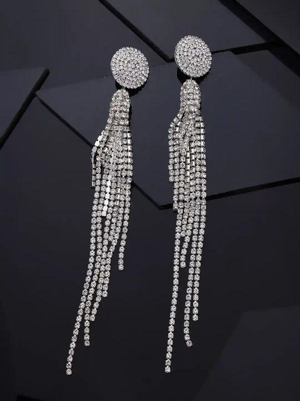 Vestido Modas Silver Plated Rhinestone Contemporary Drop Earrings