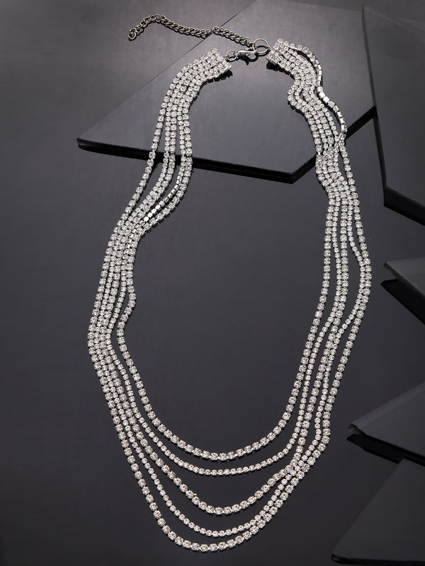 Vestido Modas Silver Rhinestone Multi Layered Necklace