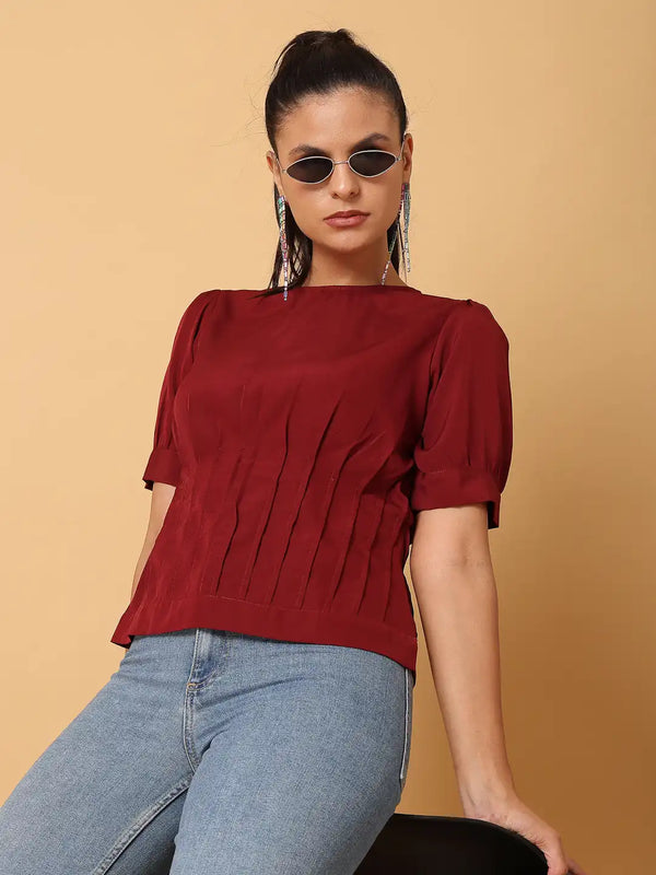 Vestido Modas Women Maroon Waist Pleats Basic Top