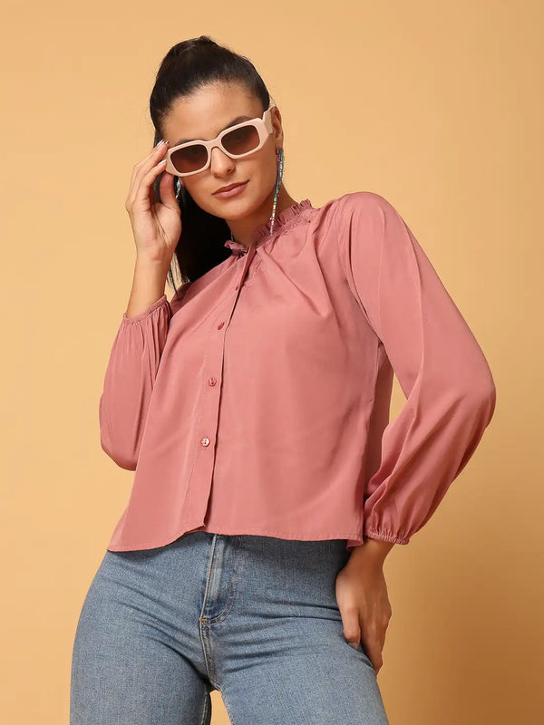 Vestido Modas Women Pink Frill Neck Top