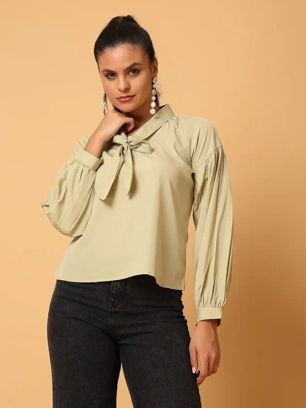 Vestido Modas Women Olive Tie - Up Neck Basic Top