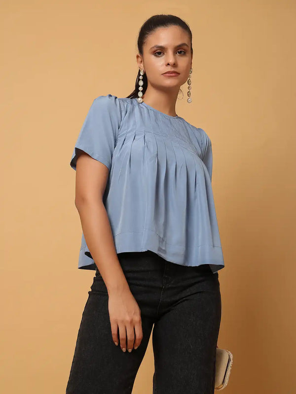 Vestido Modas Women Blue Pintuck Detail Top
