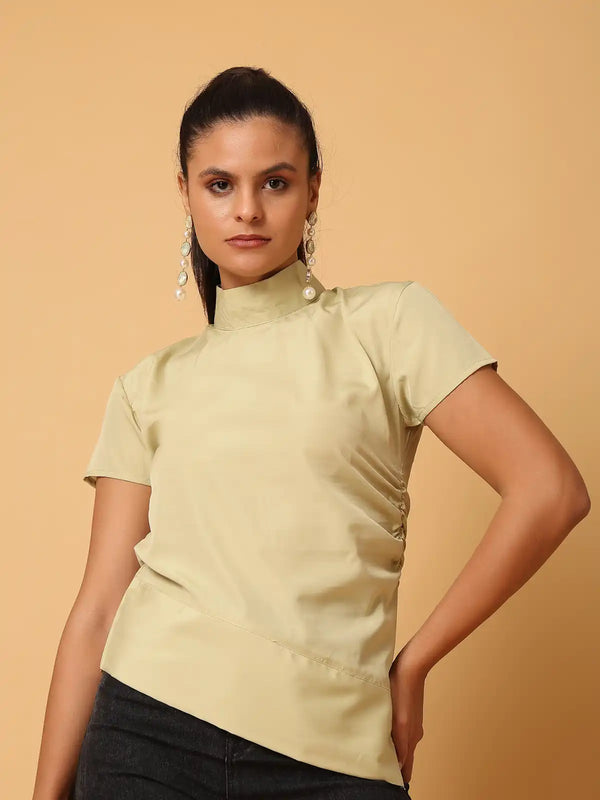 Vestido Modas Women Olive Side Rushing Detail Basic Top