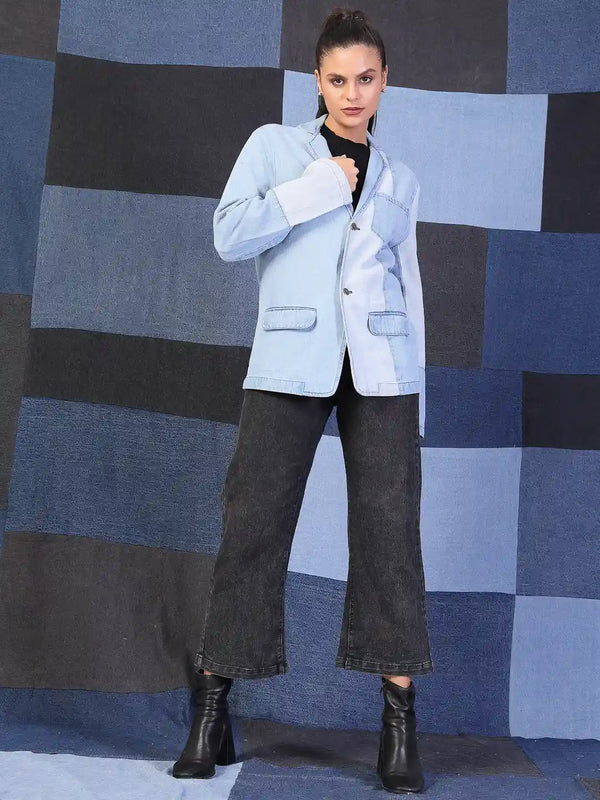 Vestido Modas Women Light Blue Color Block Oversized Denim Blazer