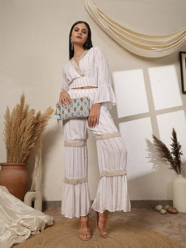 Vestido Modas Women White Lurex Wrap Top With Flared Pants