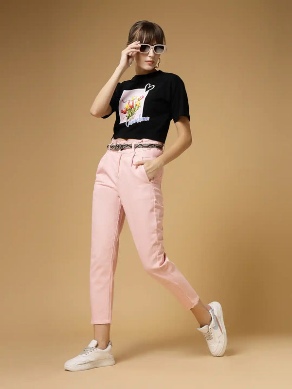 Vestido Modas Black Print Crop T-Shirt With Pink Trouser