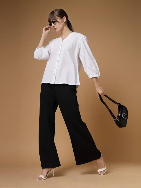 Vestido Modas Women White Cotton Schiffli Button Down Shirt With Black Trouser