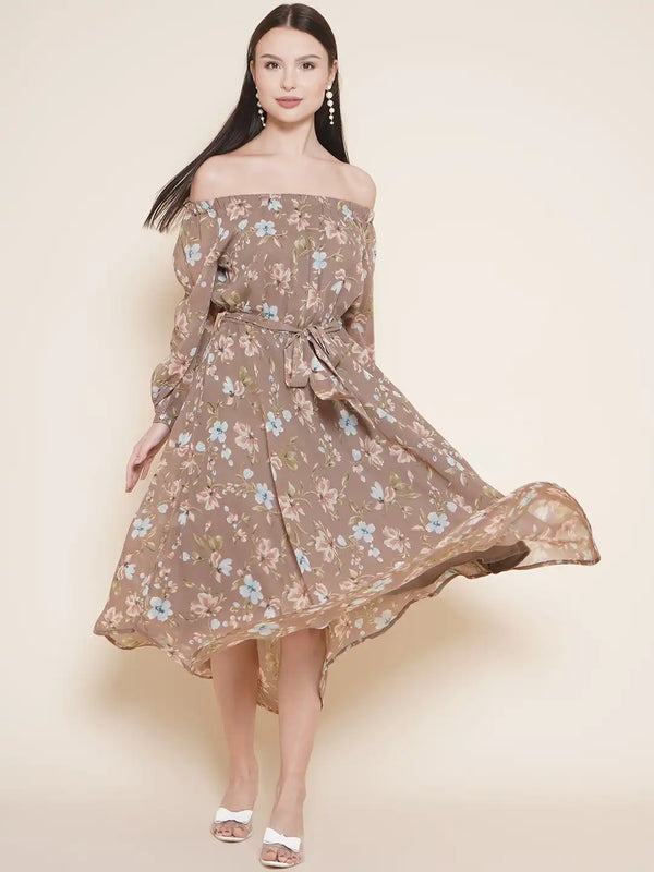 Vestido Modas Brown Floral Off Shoulder Belted Dress