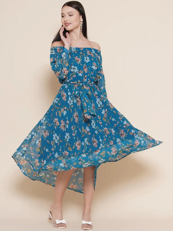 Vestido Modas Teal Blue Off Shoulder Belted Dress