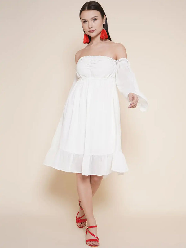 Vestido Modas Off White Off Shoulder Ruching Dress