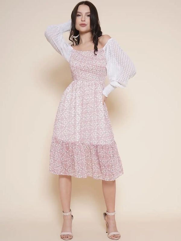 Vestido Modas Pink Floral Off Shoulder Dress