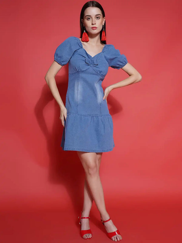 Vestido Modas Women Blue Front Ruching Stretchable Dress