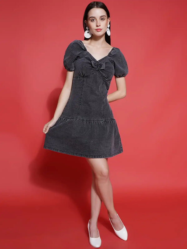 Vestido Modas Women Black Front Ruching Stretchable Dress
