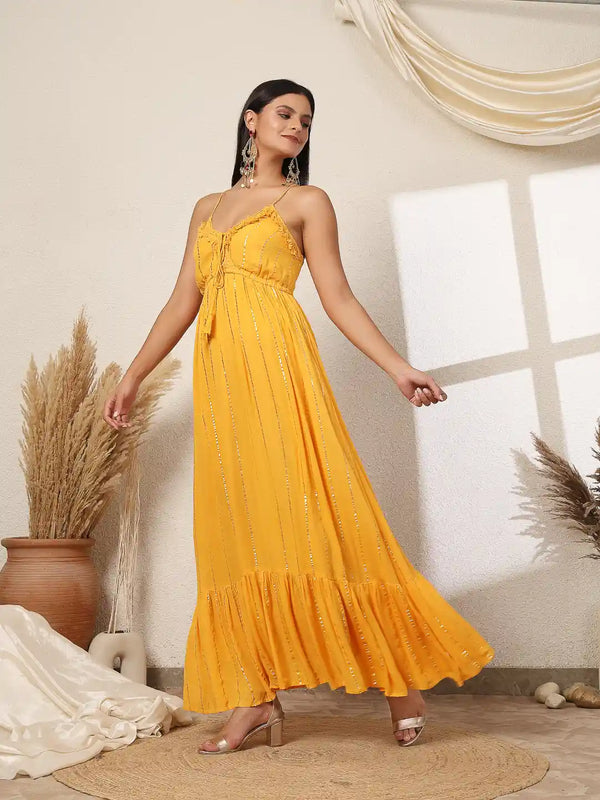 Vestido Modas Women Mustard Yellow Lurex Party Maxi Dress