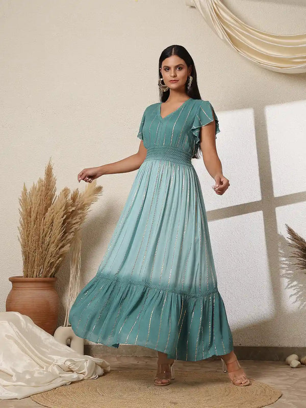 Vestido Modas Women Teal Blue Lurex Party Maxi Dress