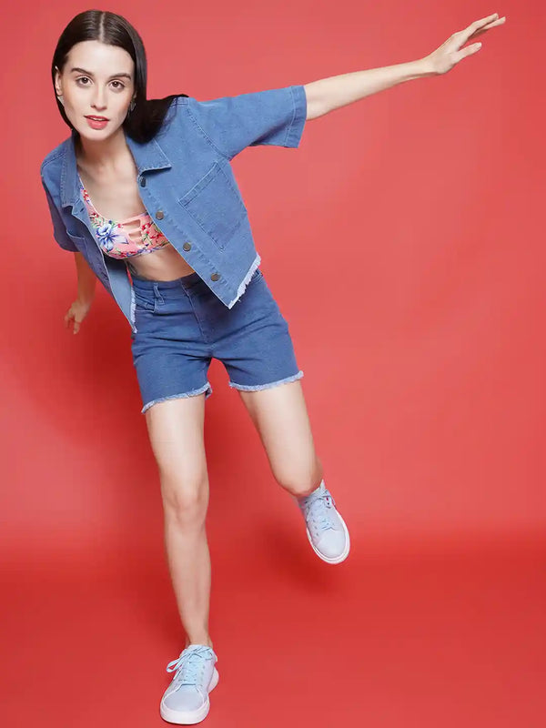Vestido Modas Women Blue Denim Front Pocket Crop Jacket