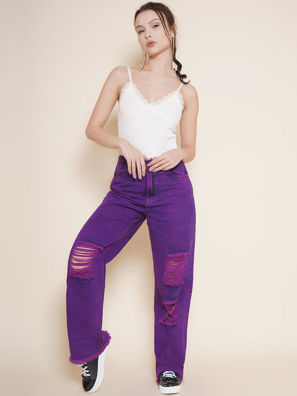 Vestido Modas  Purple Washed Raw Edge Straight Jeans