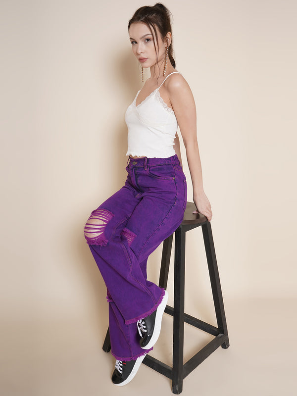 Vestido Modas Purple Washed Raw Edge Straight Jeans For Women (B2BVDJEAN102)