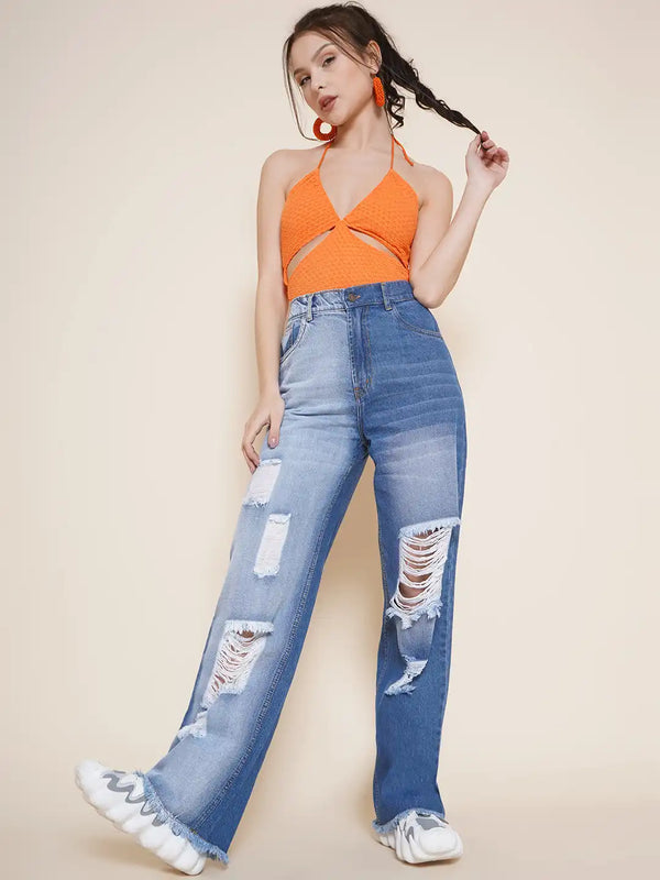 Vestido Modas Blue Color Block Distress Jeans