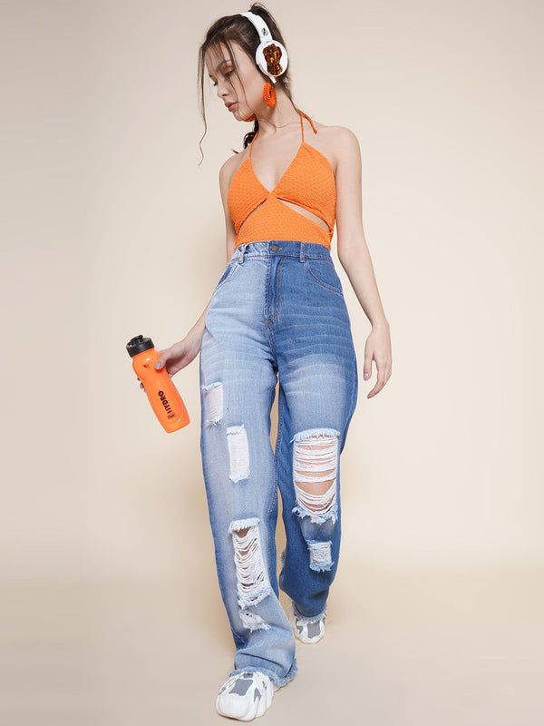 Vestido Modas Blue Color Block Distress Jeans For Women (B2BVDJEAN103)