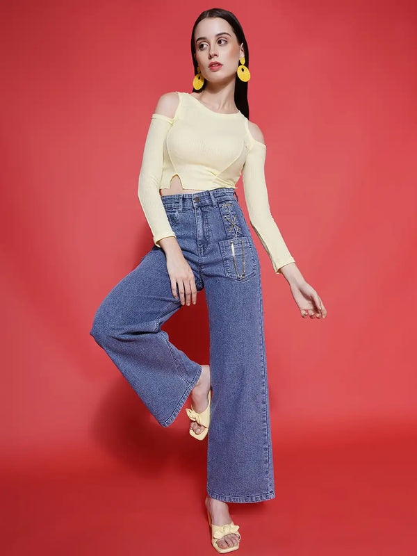 Vestido Modas Blue Front Chain Detail Straight Stretchable Jeans