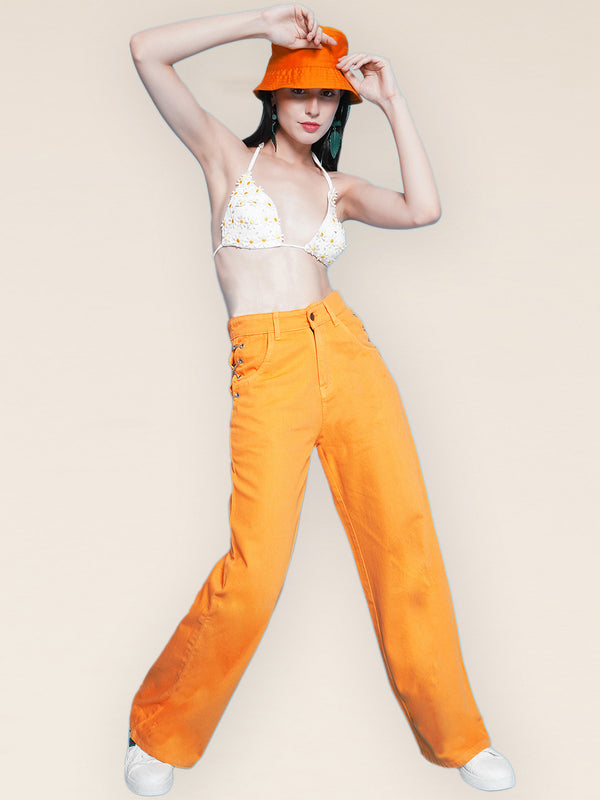 Vestido Modas Orange Side Chain Detail Straight Jeans For Women (B2BVDJEAN124)