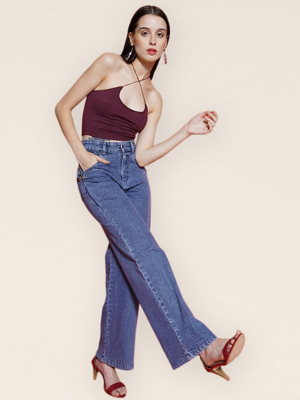 Vestido Modas Blue Side Chain Detail Straight Stretchable Jeans For Women (B2BVDJEAN125)