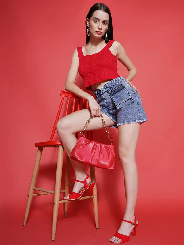 Vestido Modas Blue Denim Front Hanging Pocket Stretchable Shorts
