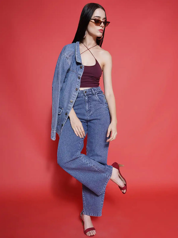 Vestido Modas Blue Side Chain Detail Straight Stretchable Jeans