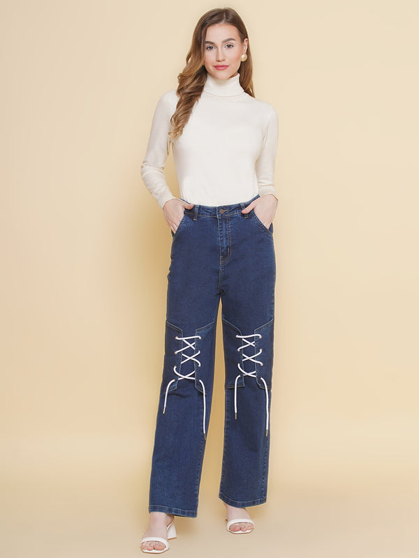 Vestido Modas Blue High Waist Tie  Up Detail Jeans For Women (B2BVDJEAN129)