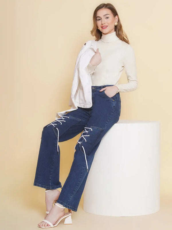 Vestido Modas Blue High Waist Tie - Up Detail Jeans