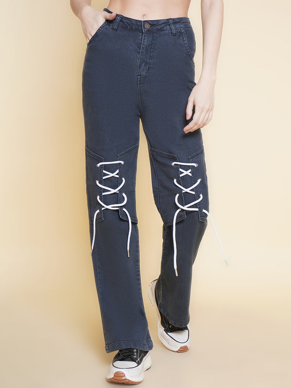 Vestido Modas Grey High Waist Tie  Up Detail Jeans For Women (B2BVDJEAN130)