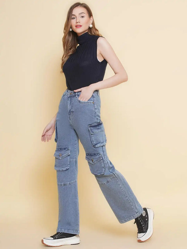Vestido Modas Blue High Waist Multi Pockets Cargo Jeans