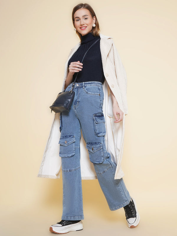 Vestido Modas Blue High Waist Multi Pockets Cargo Jeans For Women (B2BVDJEAN133)