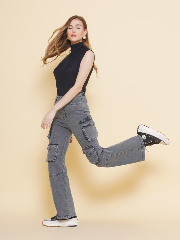 Vestido Modas Grey High Waist Multi Pockets Cargo Jeans For Women (B2BVDJEAN134)