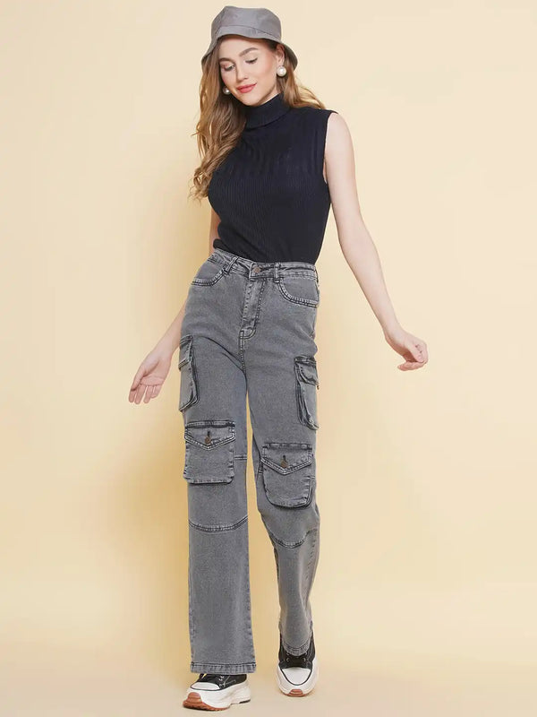 Vestido Modas Grey High Waist Multi Pockets Cargo Jeans