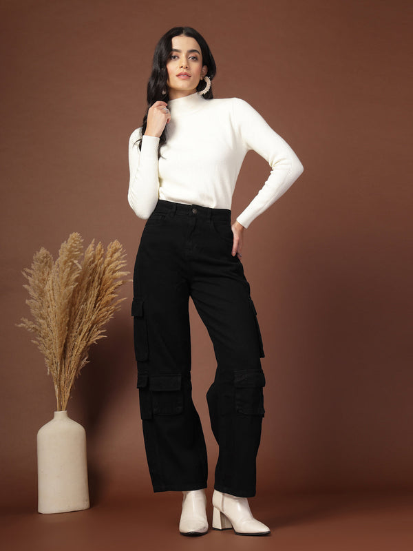 Vestido Modas Black Multipockets Cargo Jeans For Women (B2BVDJEAN139)