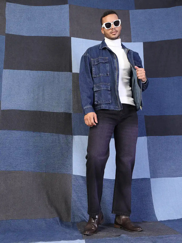 Vestido Modas Men Blue Denim Cargo Utility Oversized Jacket